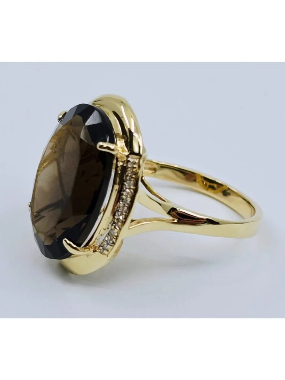 Elegant Large 14K Yellow Gold Designer Smoky Quartz & Diamond Ring - Size 10